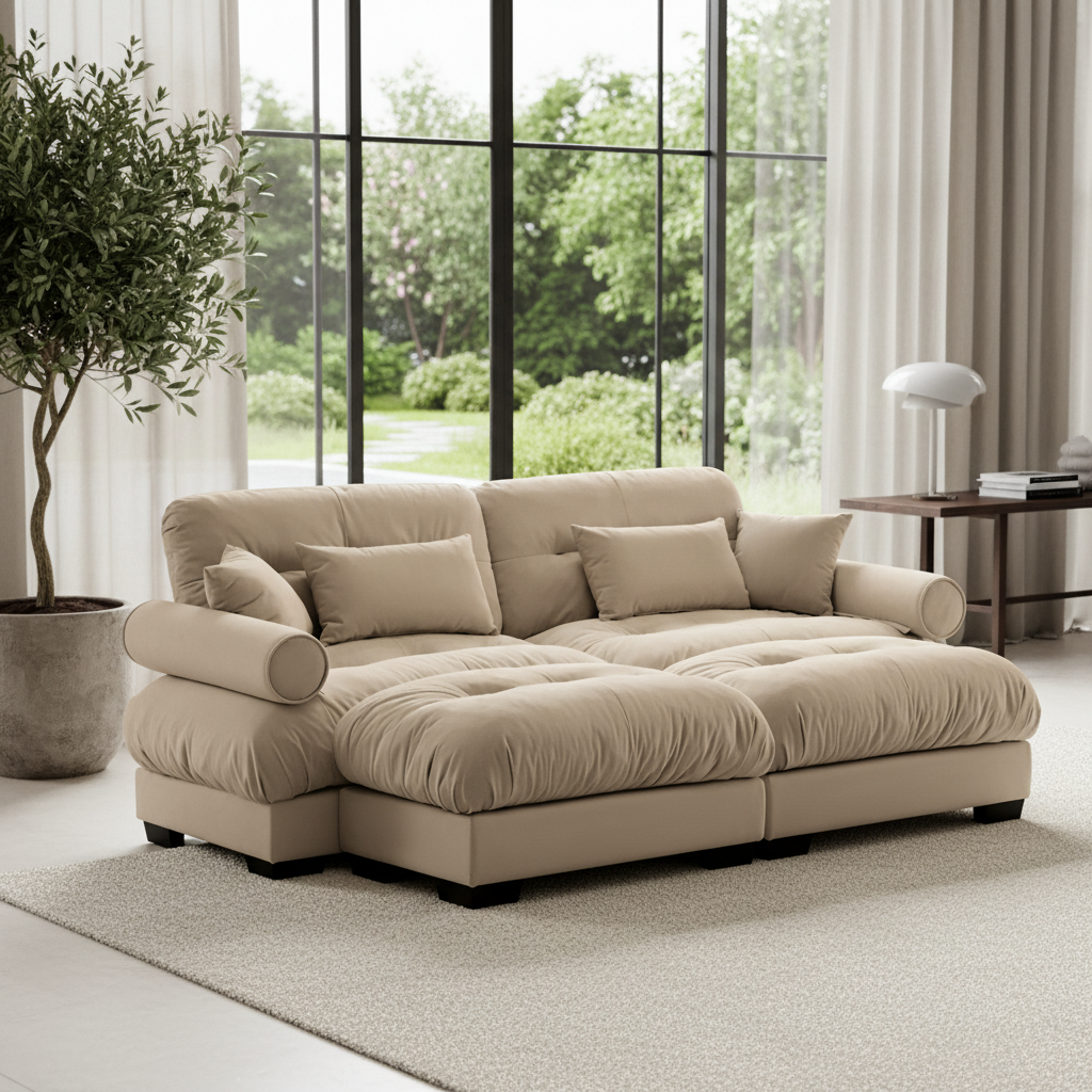 Napa 94” Modular Velvet Upholstered 2-Seater Sofa with Two Ottomans and Bolstered Armrests