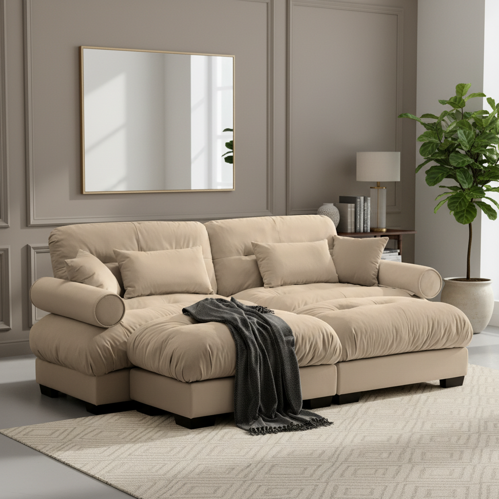 Napa 94” Modular Velvet Upholstered 2-Seater Sofa with Two Ottomans and Bolstered Armrests