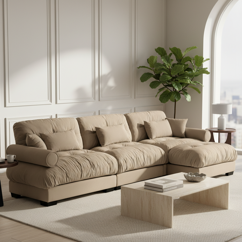 Napa 130” Modular Velvet Upholstered L-Shaped Sectional Sofa with Bolstered Armrests