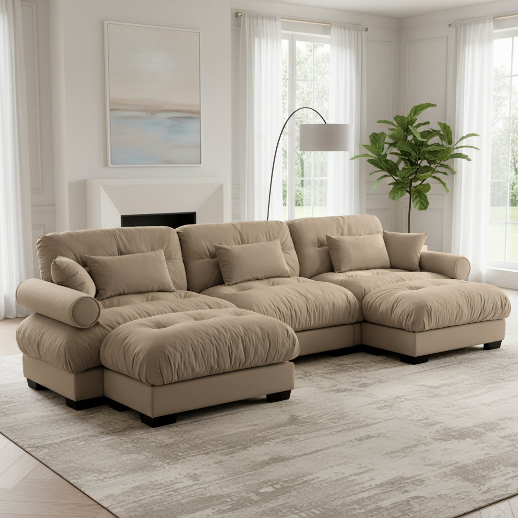 Napa 130" Modular Velvet Upholstered U-Shaped Sectional Sofa with Bolstered Armrests