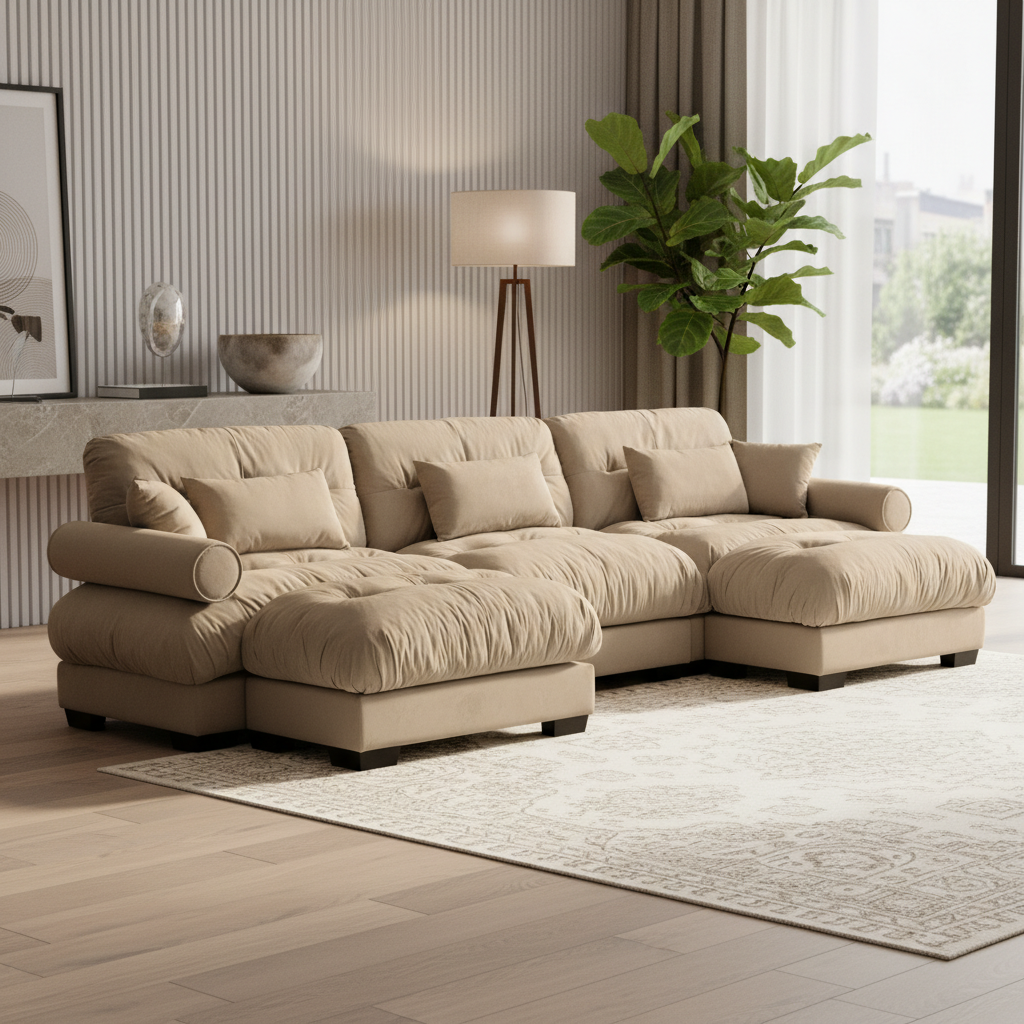 Napa 130" Modular Velvet Upholstered U-Shaped Sectional Sofa with Bolstered Armrests