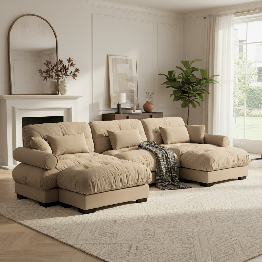 Napa 130" Modular Velvet Upholstered U-Shaped Sectional Sofa with Bolstered Armrests