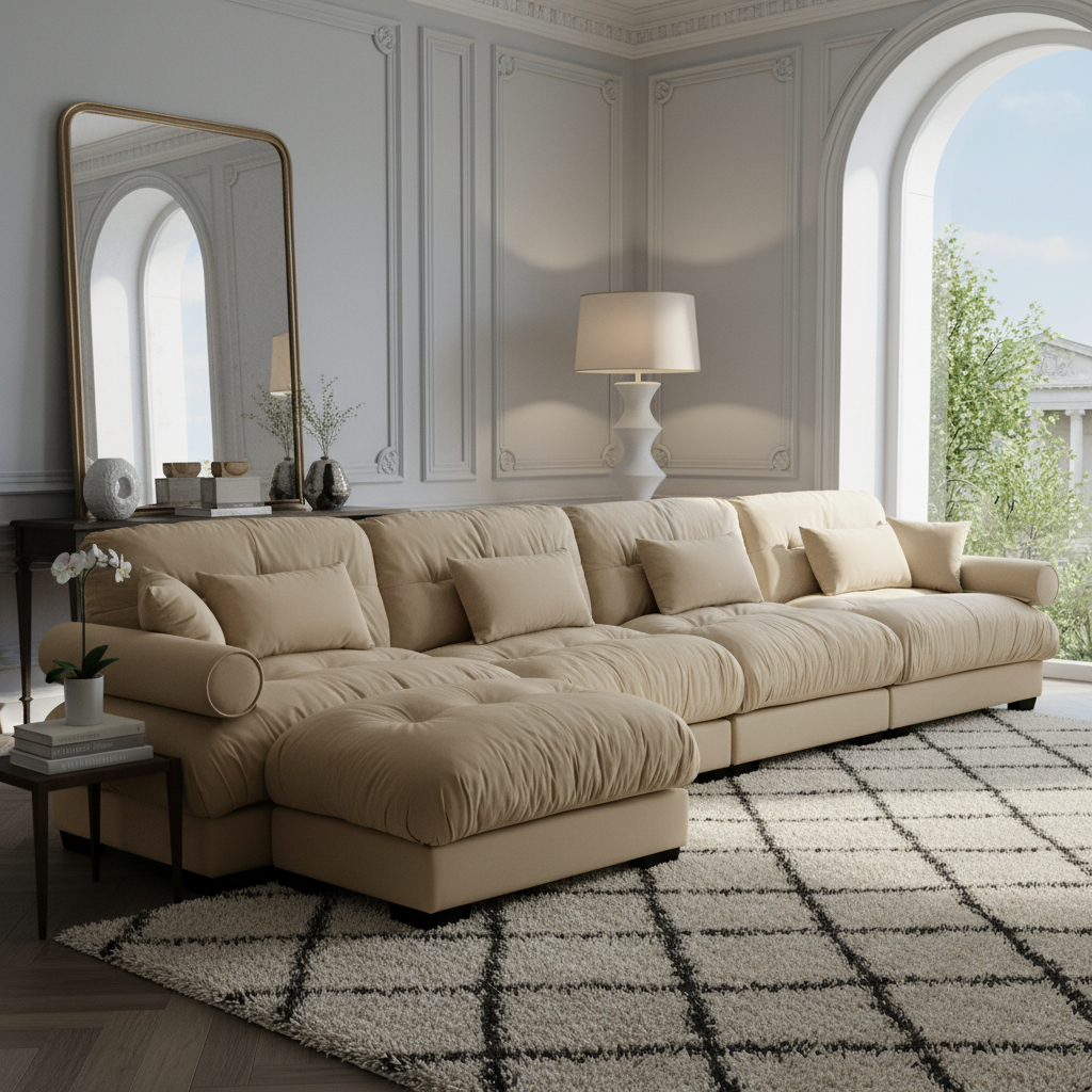 Napa 166" Modular Velvet Upholstered L-Shaped Sectional Sofa with ottoman and Bolstered Armrests