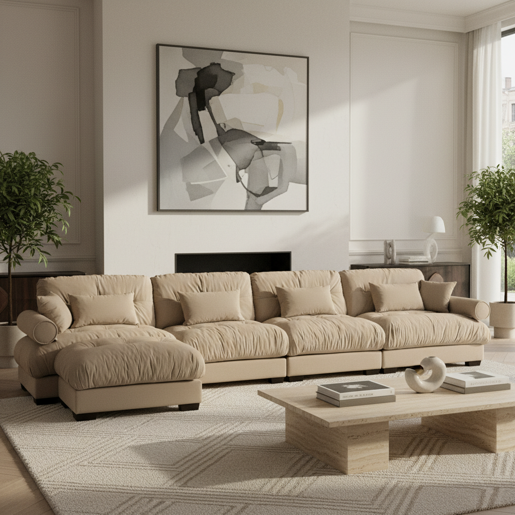 Napa 166" Modular Velvet Upholstered L-Shaped Sectional Sofa with ottoman and Bolstered Armrests