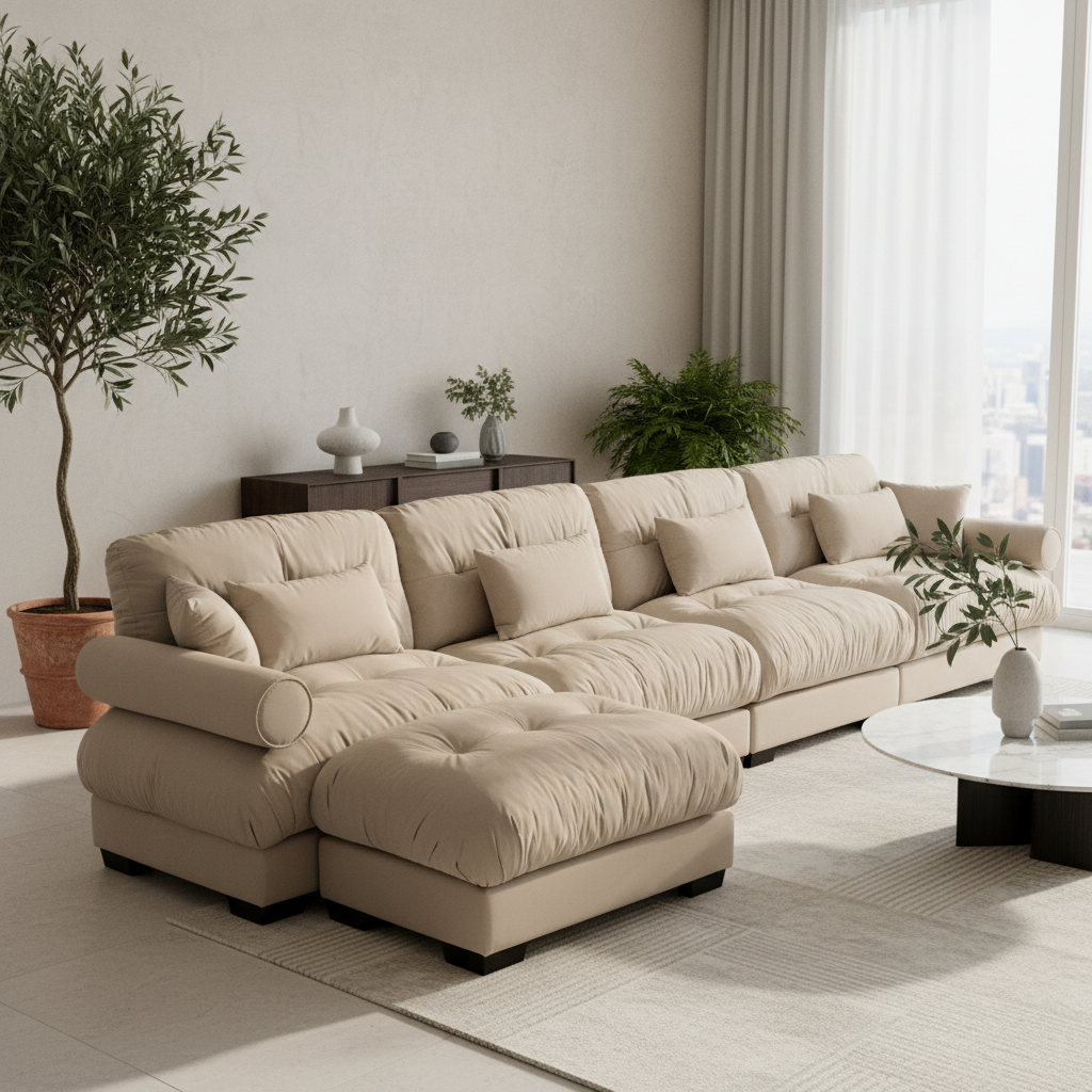 Napa 166" Modular Velvet Upholstered L-Shaped Sectional Sofa with ottoman and Bolstered Armrests