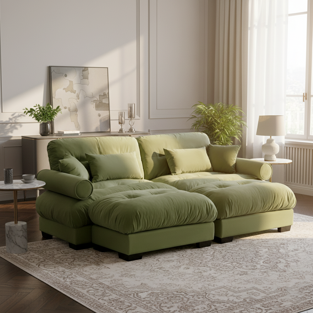 Napa 94” Modular Velvet Upholstered 2-Seater Sofa with Two Ottomans and Bolstered Armrests