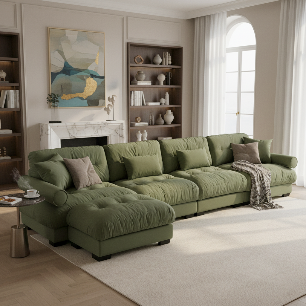 Napa 166" Modular Velvet Upholstered L-Shaped Sectional Sofa with ottoman and Bolstered Armrests