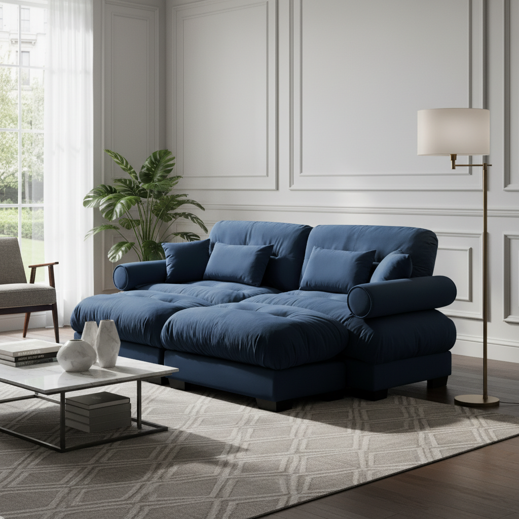 Napa 94” Modular Velvet Upholstered 2-Seater Sofa with Two Ottomans and Bolstered Armrests