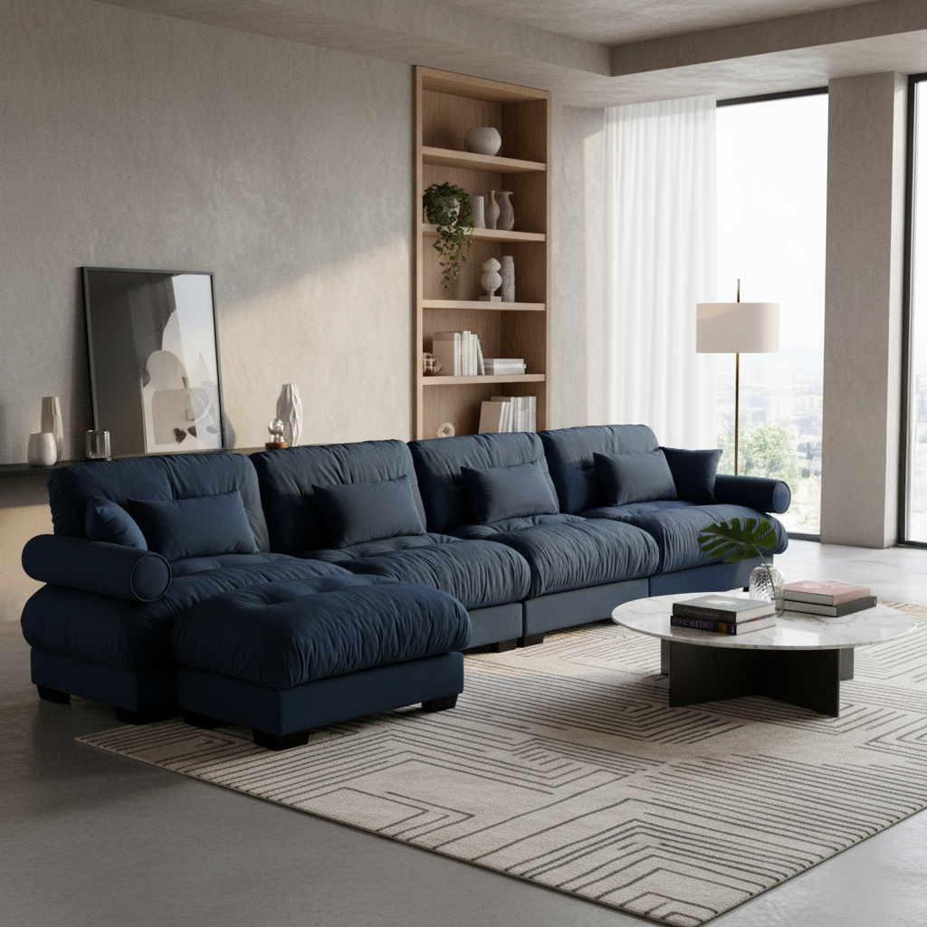 Napa 166" Modular Velvet Upholstered L-Shaped Sectional Sofa with ottoman and Bolstered Armrests