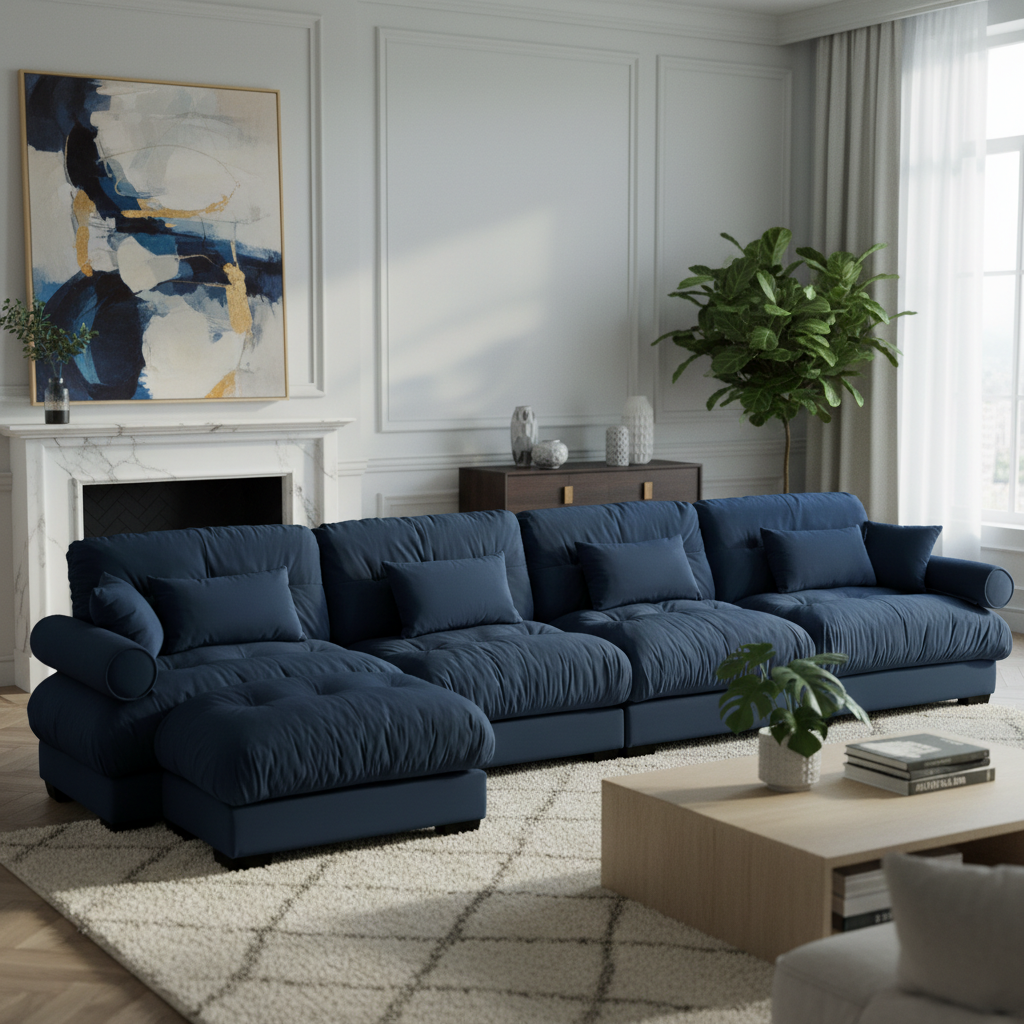 Napa 166" Modular Velvet Upholstered L-Shaped Sectional Sofa with ottoman and Bolstered Armrests