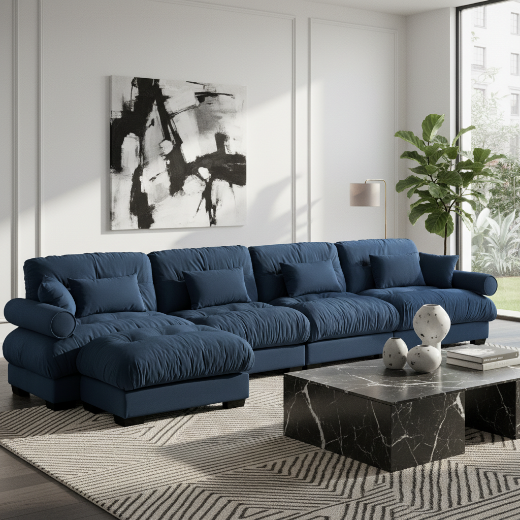 Napa 166" Modular Velvet Upholstered L-Shaped Sectional Sofa with ottoman and Bolstered Armrests
