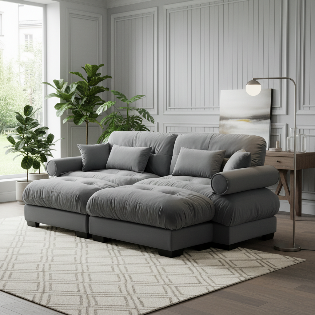 Napa 94” Modular Velvet Upholstered 2-Seater Sofa with Two Ottomans and Bolstered Armrests