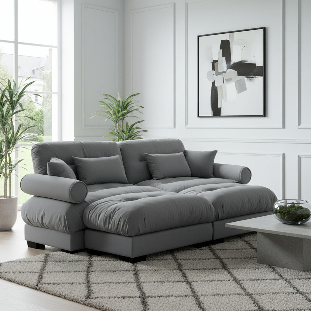 Napa 94” Modular Velvet Upholstered 2-Seater Sofa with Two Ottomans and Bolstered Armrests