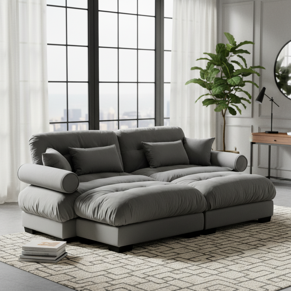 Napa 94” Modular Velvet Upholstered 2-Seater Sofa with Two Ottomans and Bolstered Armrests