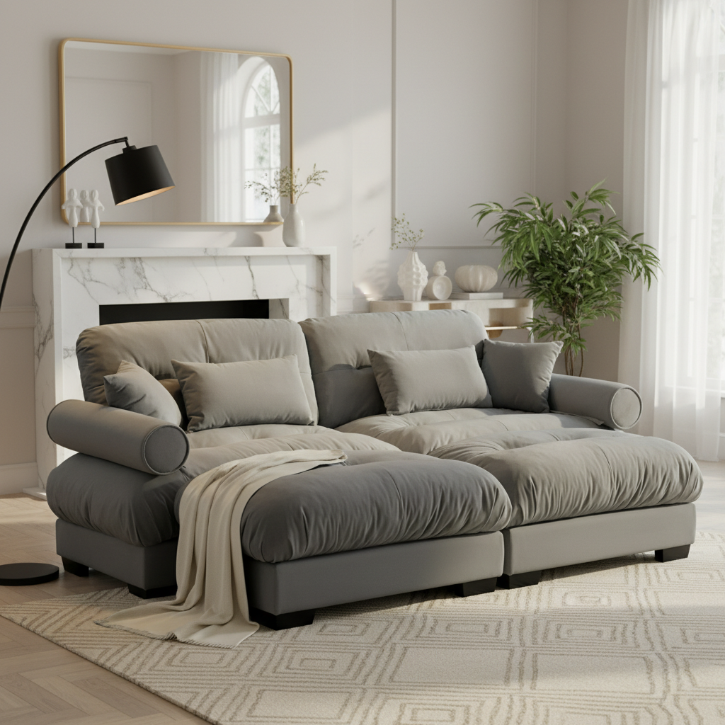 Napa 94” Modular Velvet Upholstered 2-Seater Sofa with Two Ottomans and Bolstered Armrests