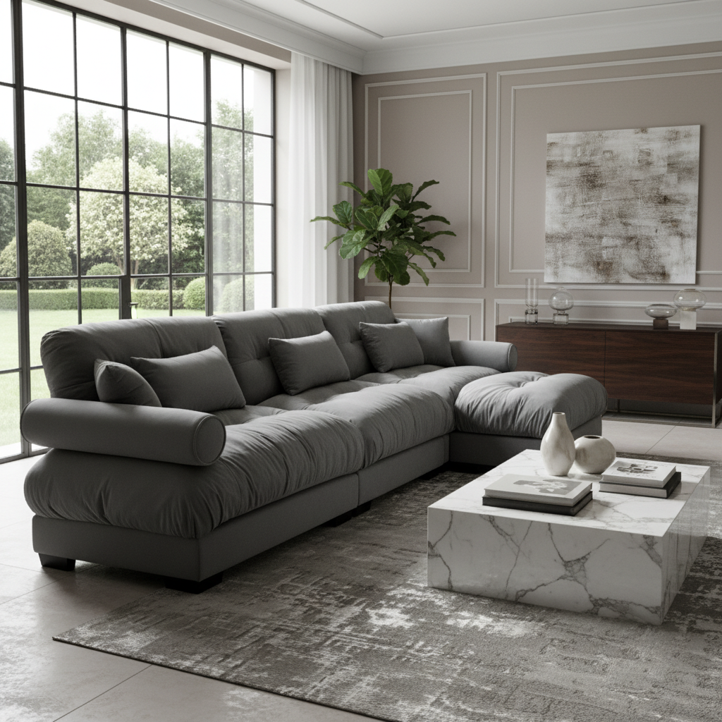 Napa 130” Modular Velvet Upholstered L-Shaped Sectional Sofa with Bolstered Armrests