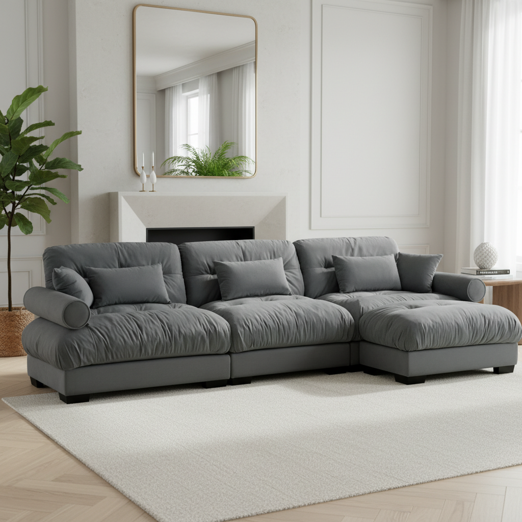 Napa 130” Modular Velvet Upholstered L-Shaped Sectional Sofa with Bolstered Armrests