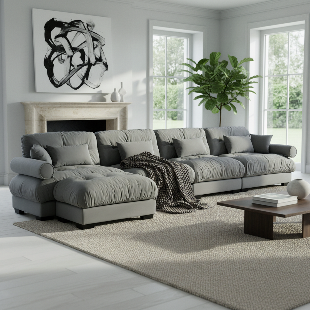 Napa 166" Modular Velvet Upholstered L-Shaped Sectional Sofa with ottoman and Bolstered Armrests