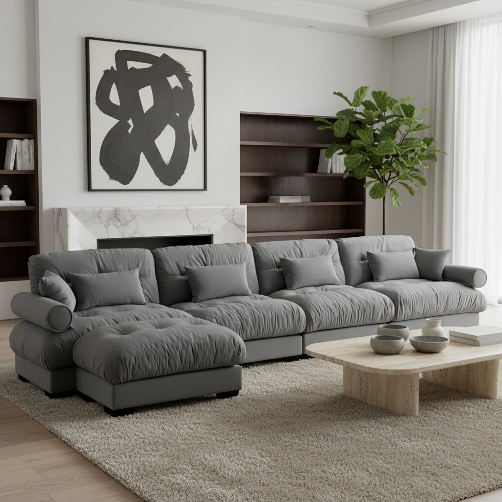 Napa 166" Modular Velvet Upholstered L-Shaped Sectional Sofa with ottoman and Bolstered Armrests