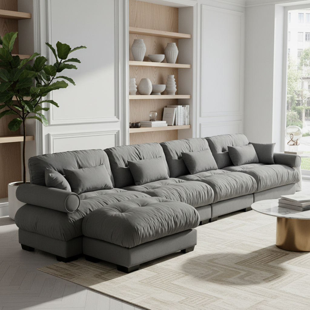 Napa 166" Modular Velvet Upholstered L-Shaped Sectional Sofa with ottoman and Bolstered Armrests