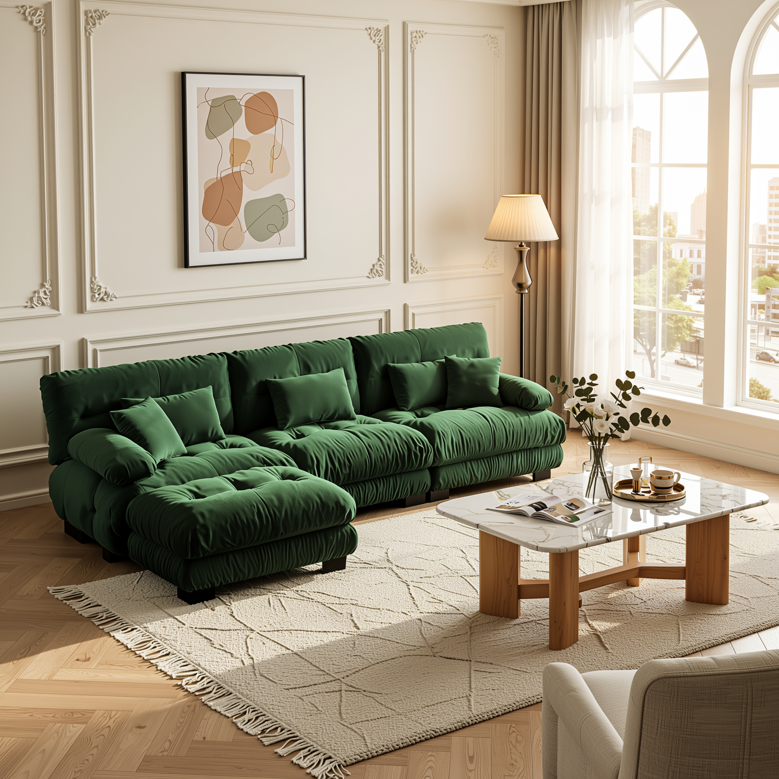 Monterey 134" Modular Chenille Cloud L-Shaped Sectional Sofa with Convertible Ottoman