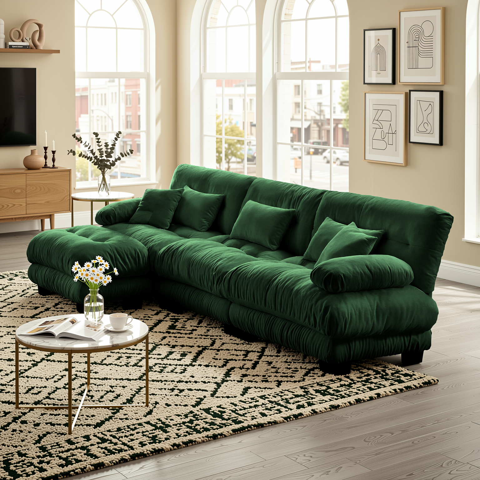 Monterey 134" Modular Chenille Cloud L-Shaped Sectional Sofa with Convertible Ottoman