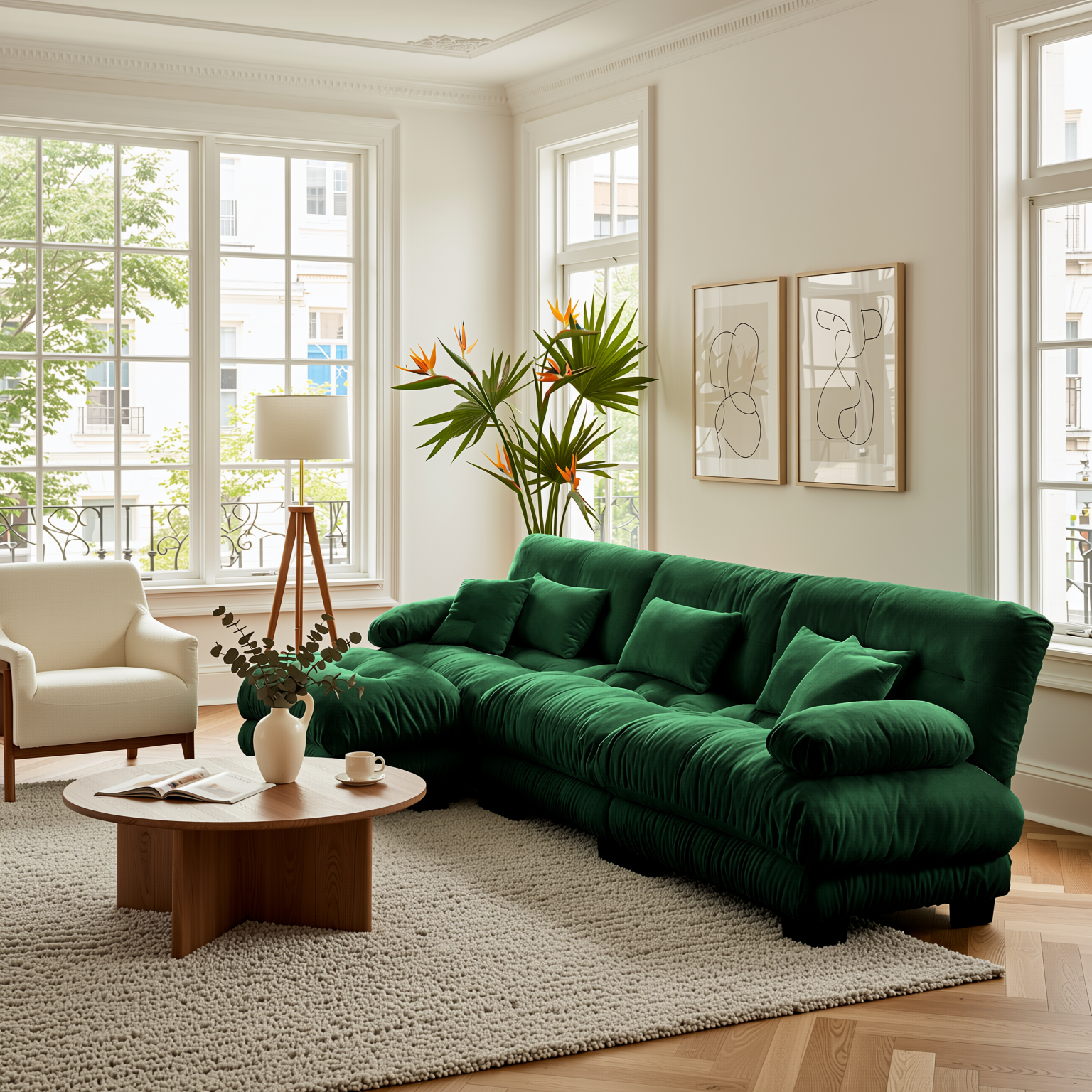 Monterey 134" Modular Chenille Cloud L-Shaped Sectional Sofa with Convertible Ottoman