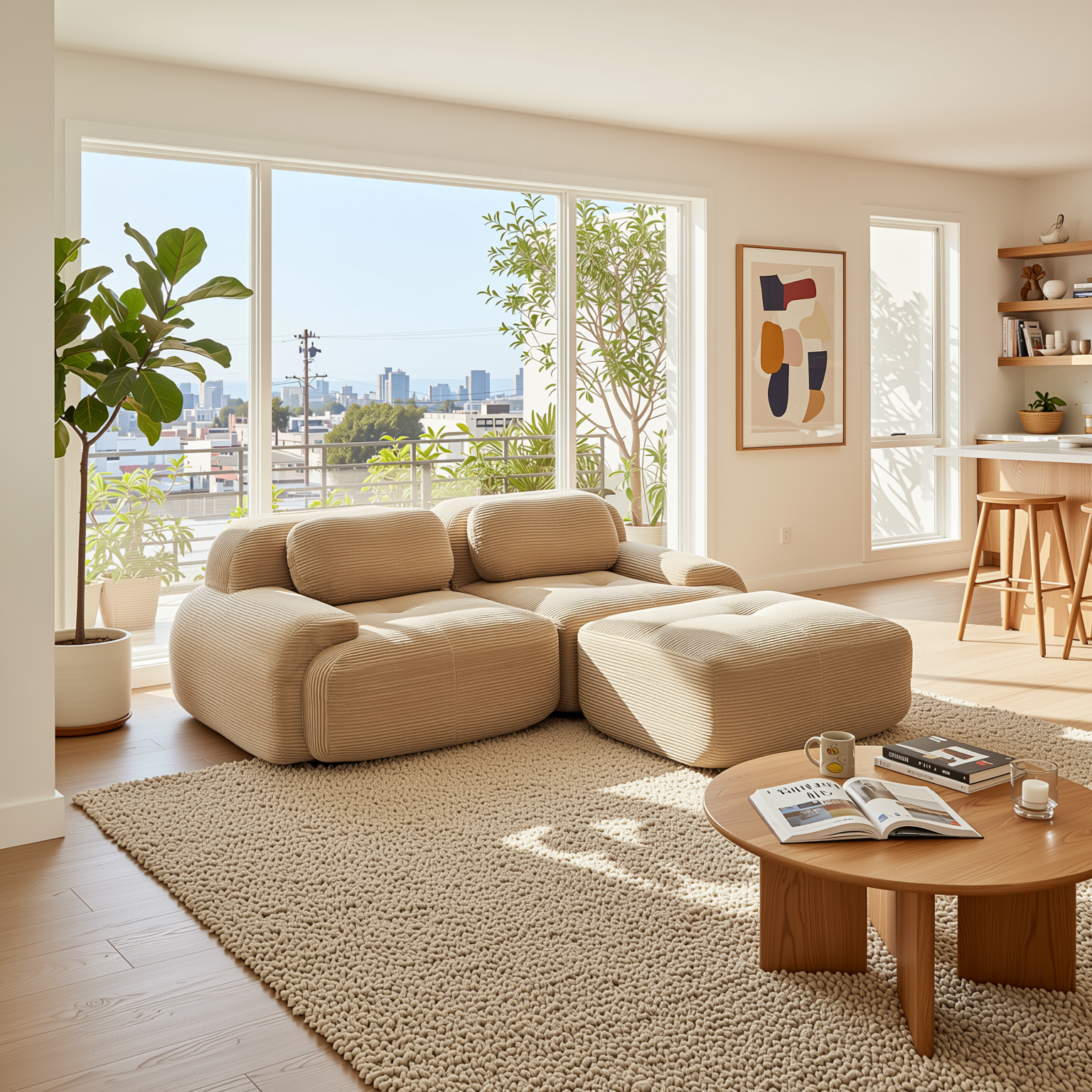 Anchorage 80" L-Shaped Modular Corduroy Cloud Sofa with Ottoman