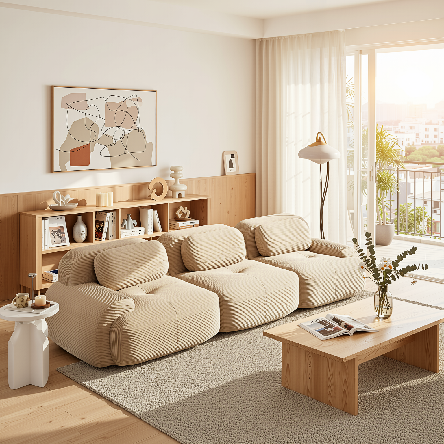 Anchorage 116" Modular Corduroy 3-Seater Sofa with Curved Armrest