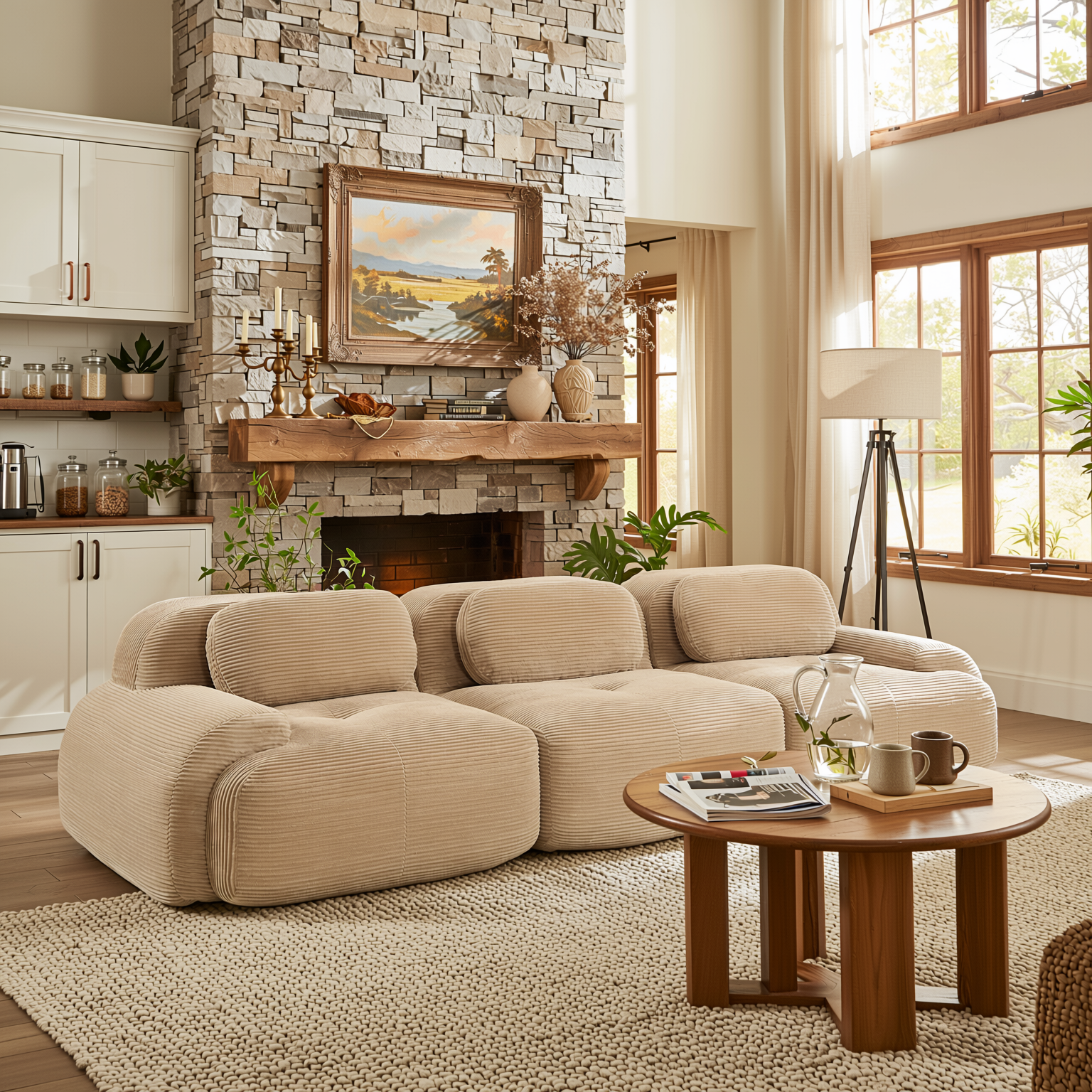 Anchorage 116" Modular Corduroy 3-Seater Sofa with Curved Armrest
