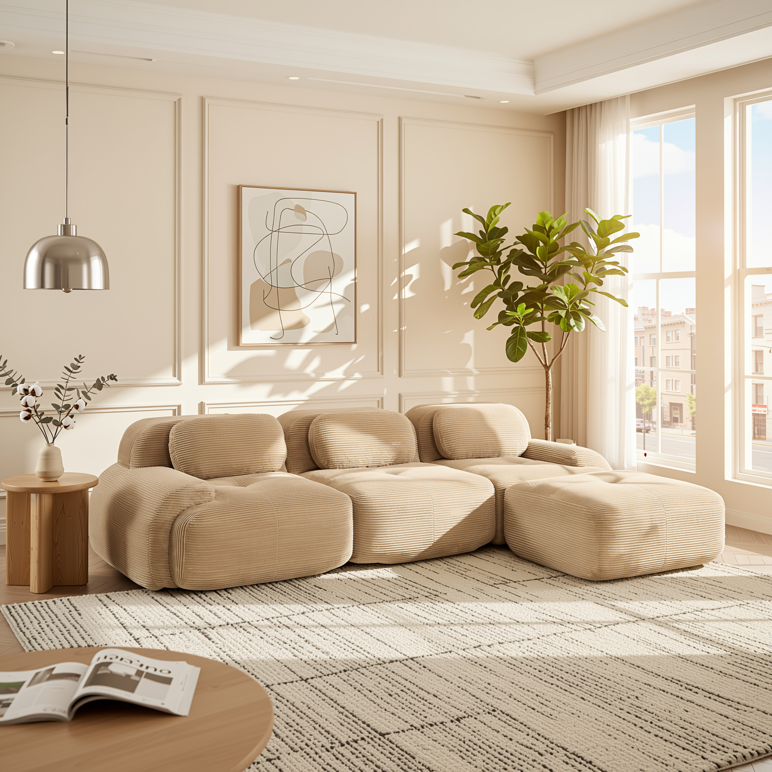 Anchorage 116" Modular Corduroy Cloud L-Shaped Sectional Sofa with Ottoman