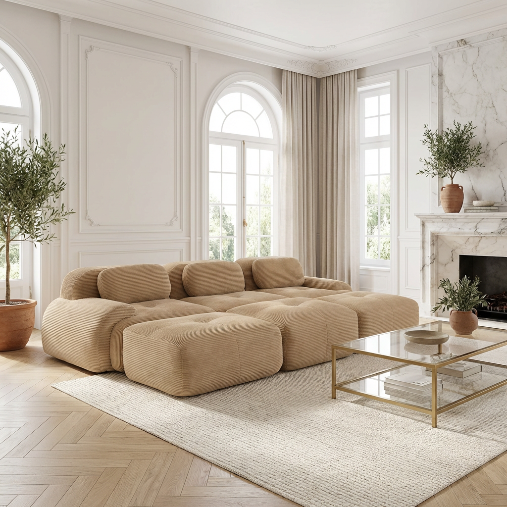 Anchorage 116" Corduroy Cloud Modular Sofa with Ottomans and Curved Armset
