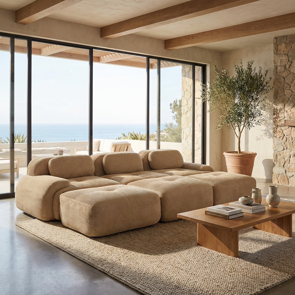 Anchorage 116" Corduroy Cloud Modular Sofa with Ottomans and Curved Armset