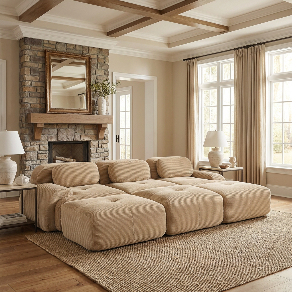 Anchorage 116" Corduroy Cloud Modular Sofa with Ottomans and Curved Armset