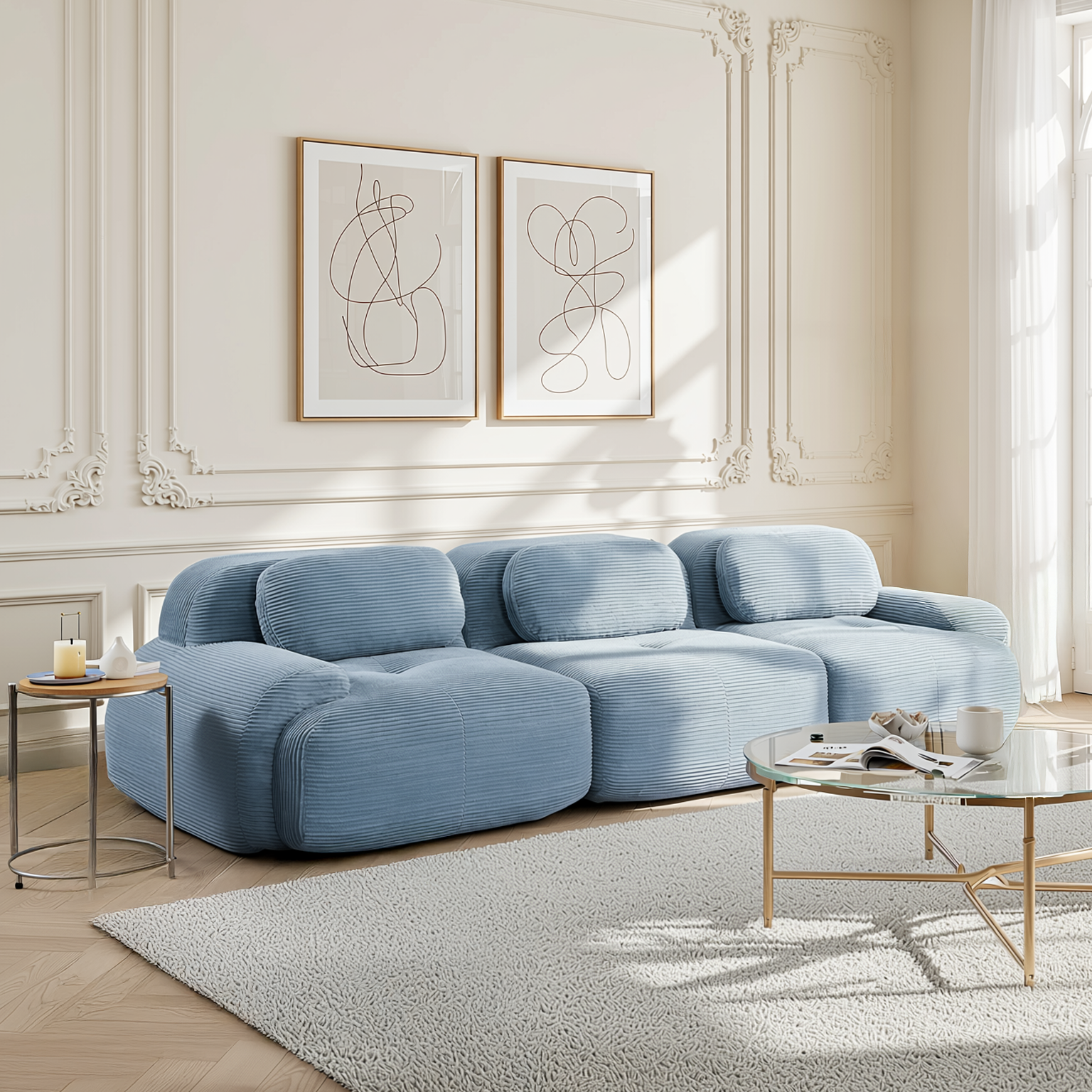 Anchorage 116" Modular Corduroy 3-Seater Sofa with Curved Armrest