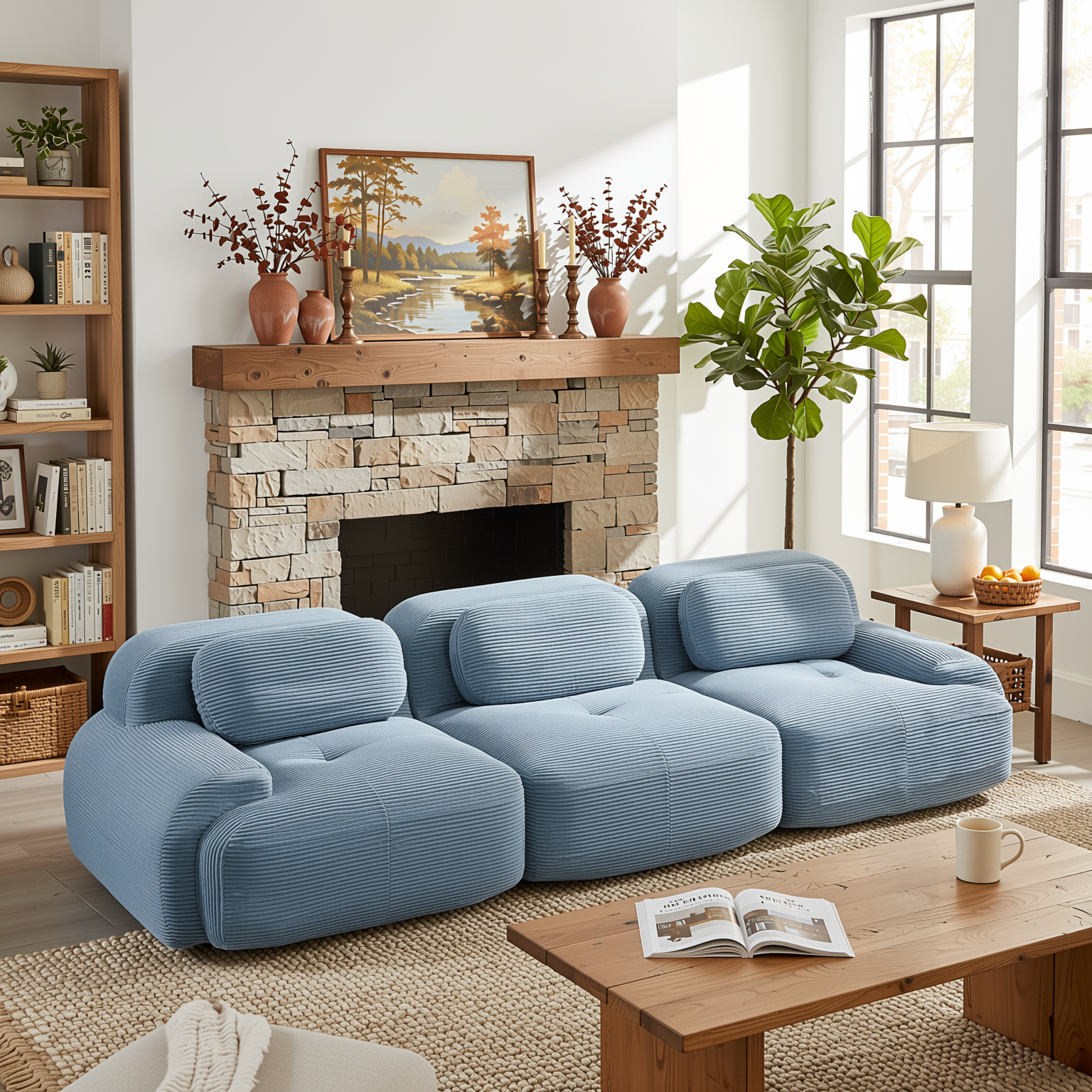 Anchorage 116" Modular Corduroy 3-Seater Sofa with Curved Armrest