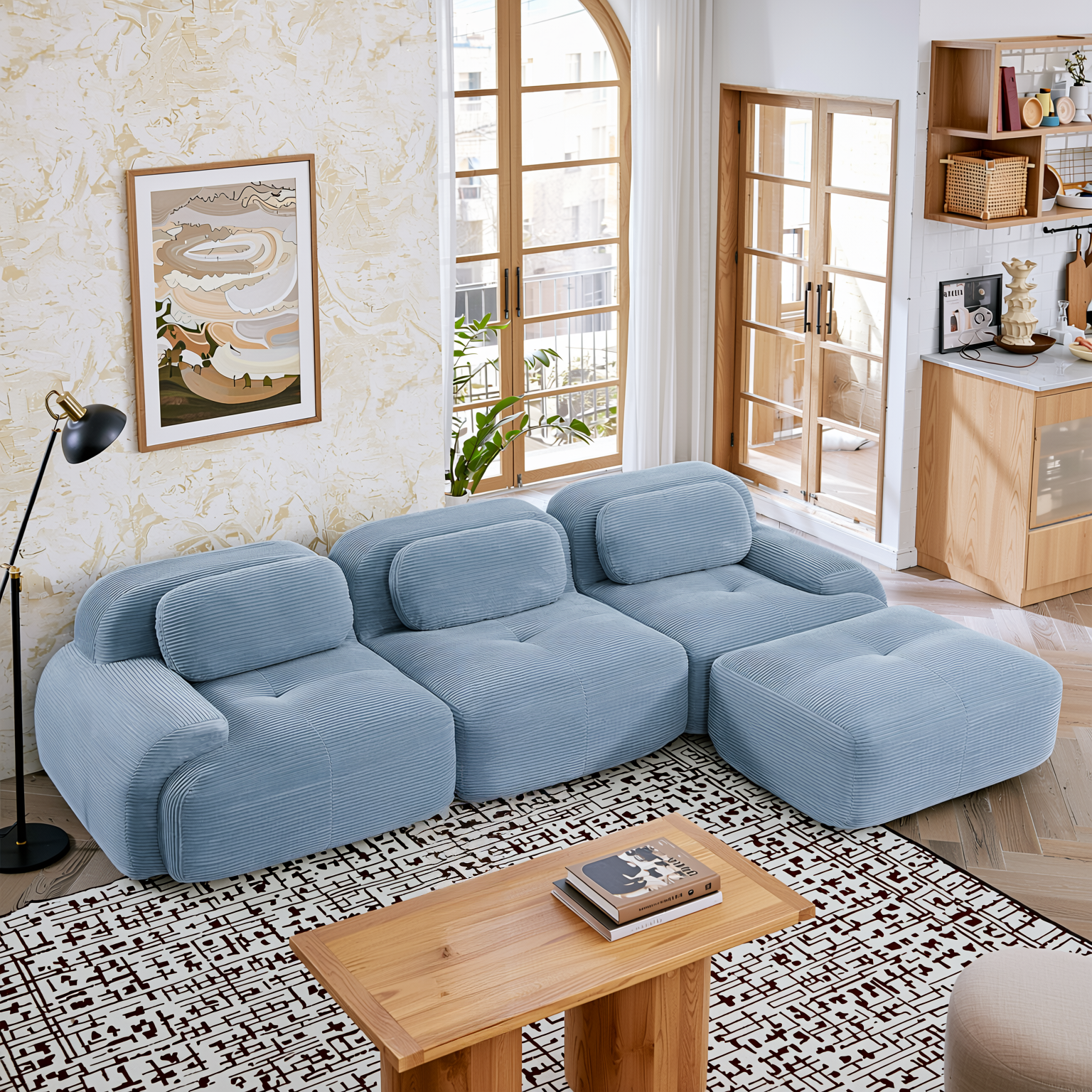 Anchorage 116" Modular Corduroy Cloud L-Shaped Sectional Sofa with Ottoman
