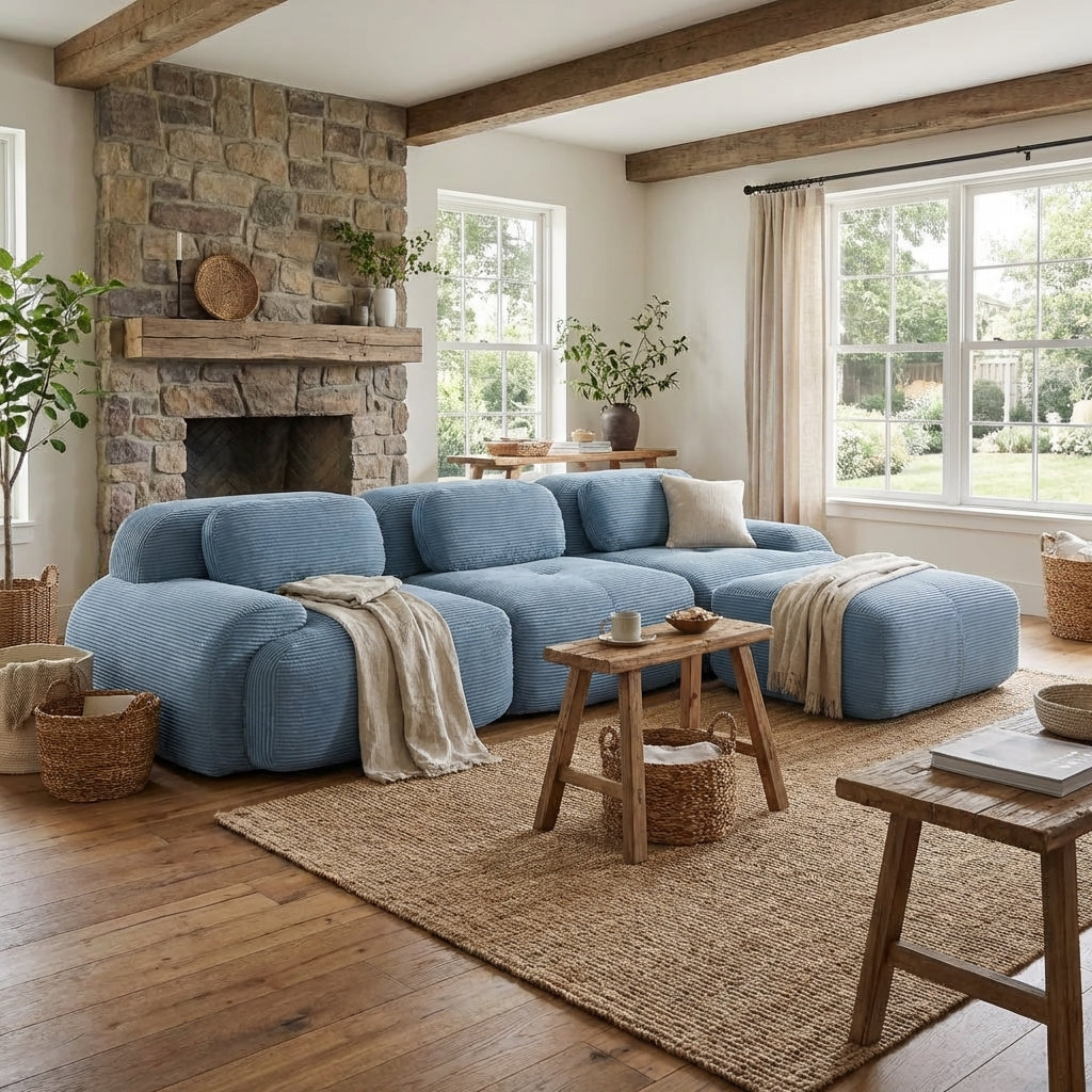 Anchorage 116" Modular Corduroy Cloud L-Shaped Sectional Sofa with Ottoman