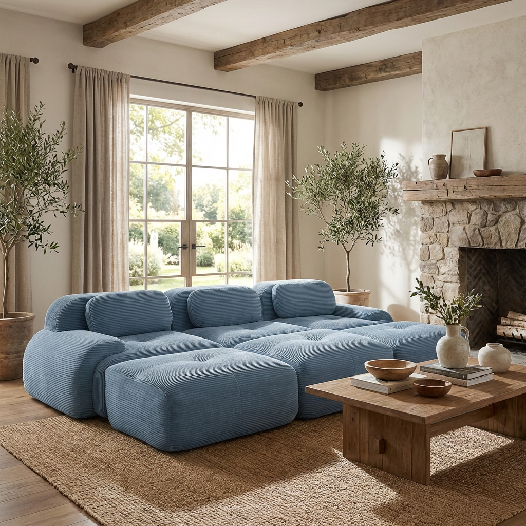 Anchorage 116" Corduroy Cloud Modular Sofa with Ottomans and Curved Armset