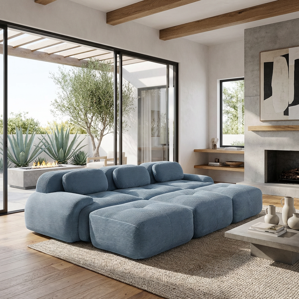 Anchorage 116" Corduroy Cloud Modular Sofa with Ottomans and Curved Armset