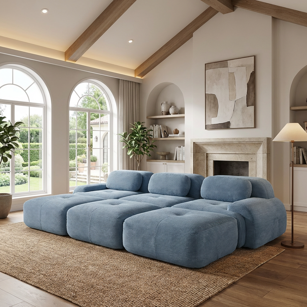 Anchorage 116" Corduroy Cloud Modular Sofa with Ottomans and Curved Armset