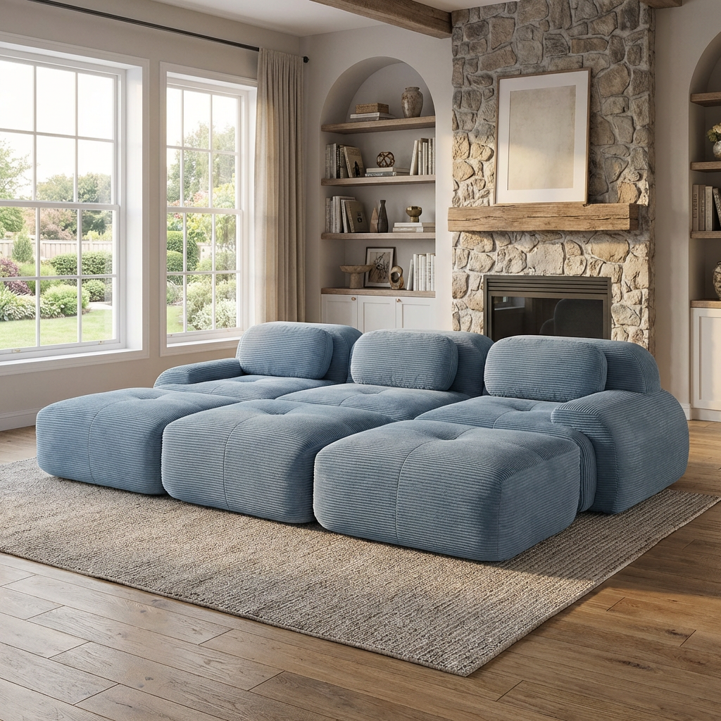 Anchorage 116" Corduroy Cloud Modular Sofa with Ottomans and Curved Armset