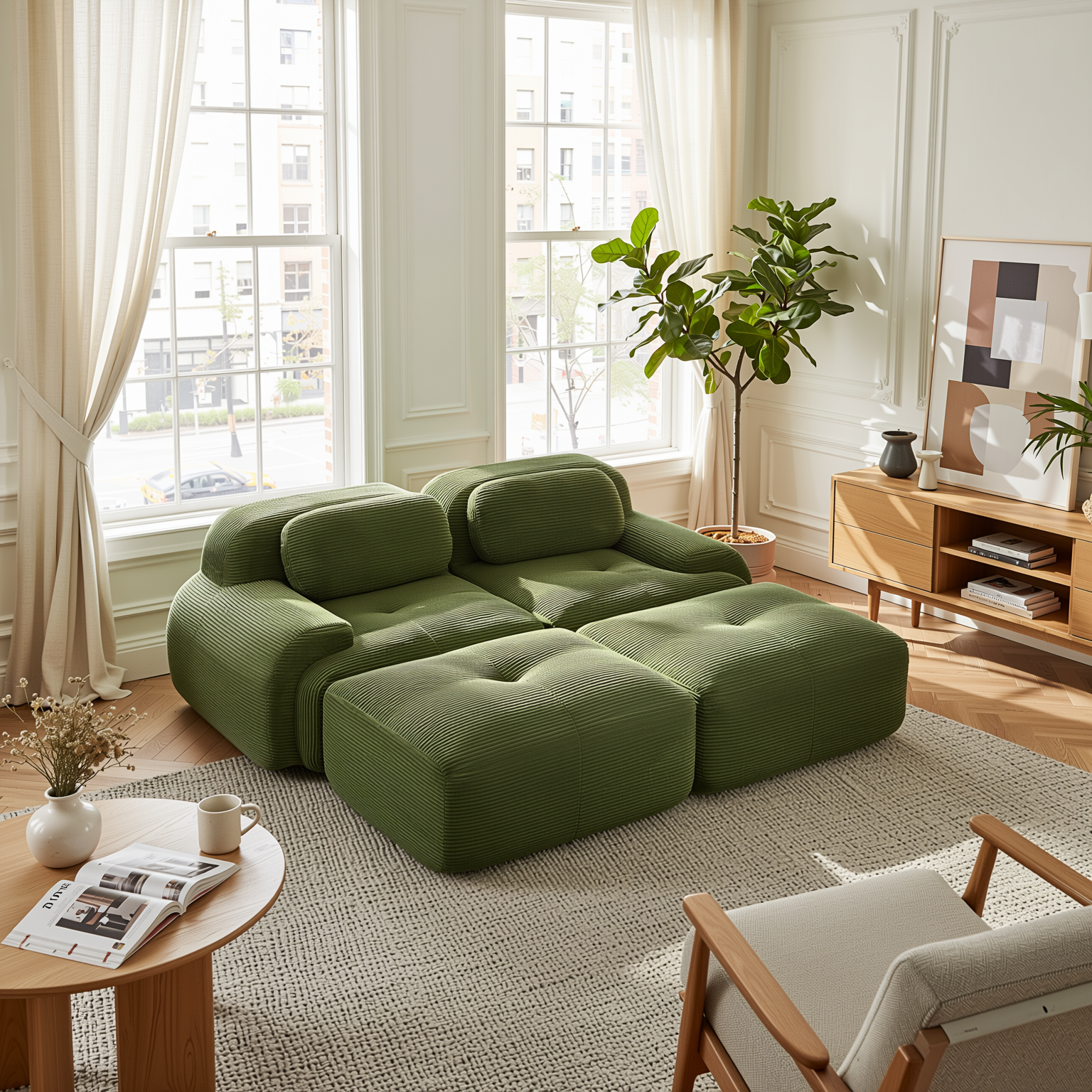 Anchorage 80" Modular Corduroy Cloud Loveseat with 2 Ottomans