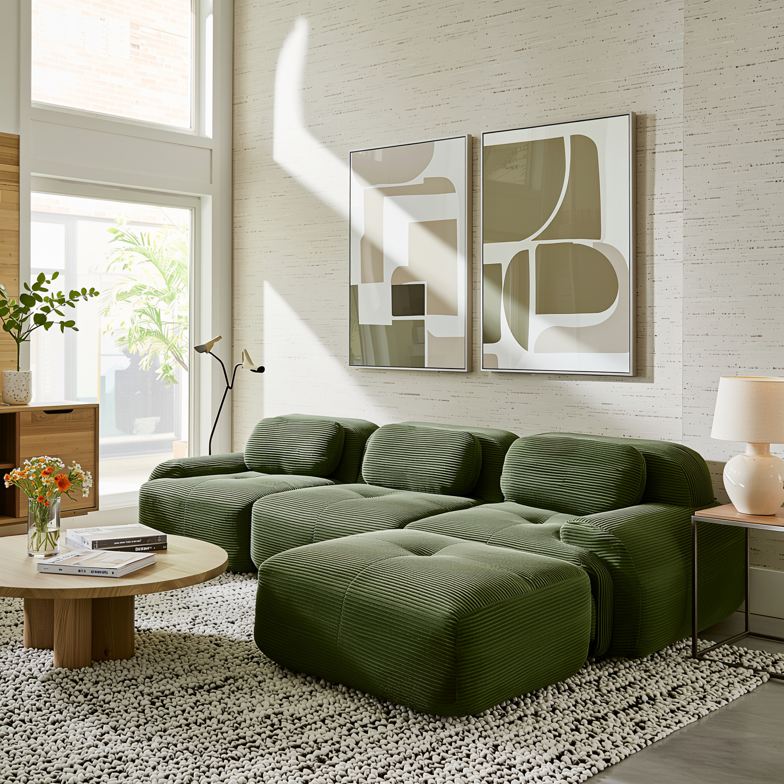 Anchorage 116" Modular Corduroy Cloud L-Shaped Sectional Sofa with Ottoman