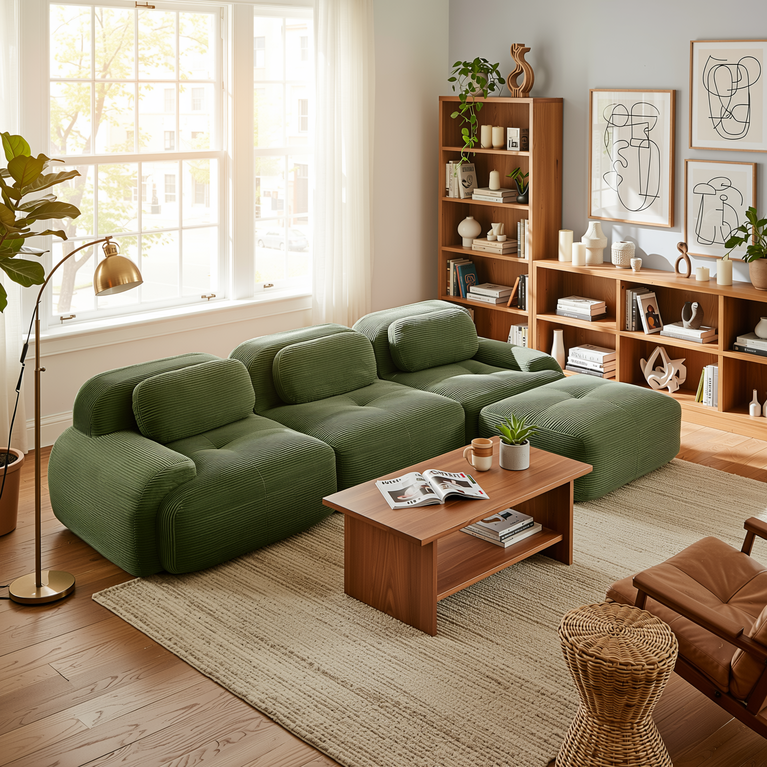 Anchorage 116" Modular Corduroy Cloud L-Shaped Sectional Sofa with Ottoman