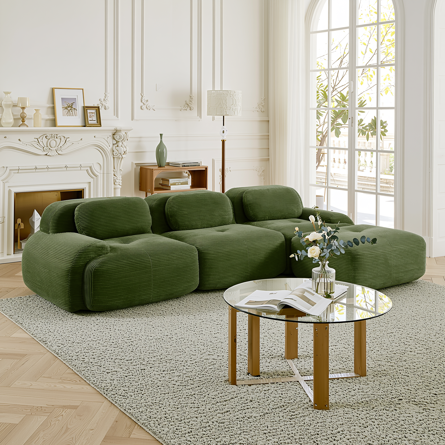 Anchorage 116" Modular Corduroy Cloud L-Shaped Sectional Sofa with Ottoman