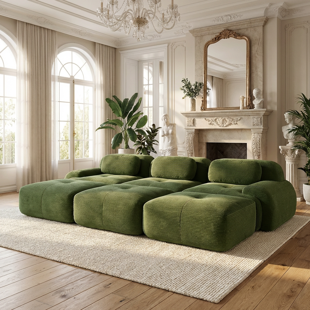 Anchorage 116" Corduroy Cloud Modular Sofa with Ottomans and Curved Armset