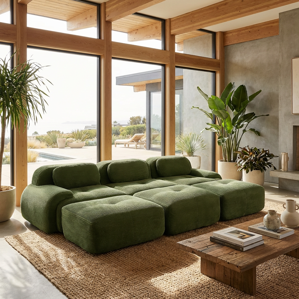 Anchorage 116" Corduroy Cloud Modular Sofa with Ottomans and Curved Armset