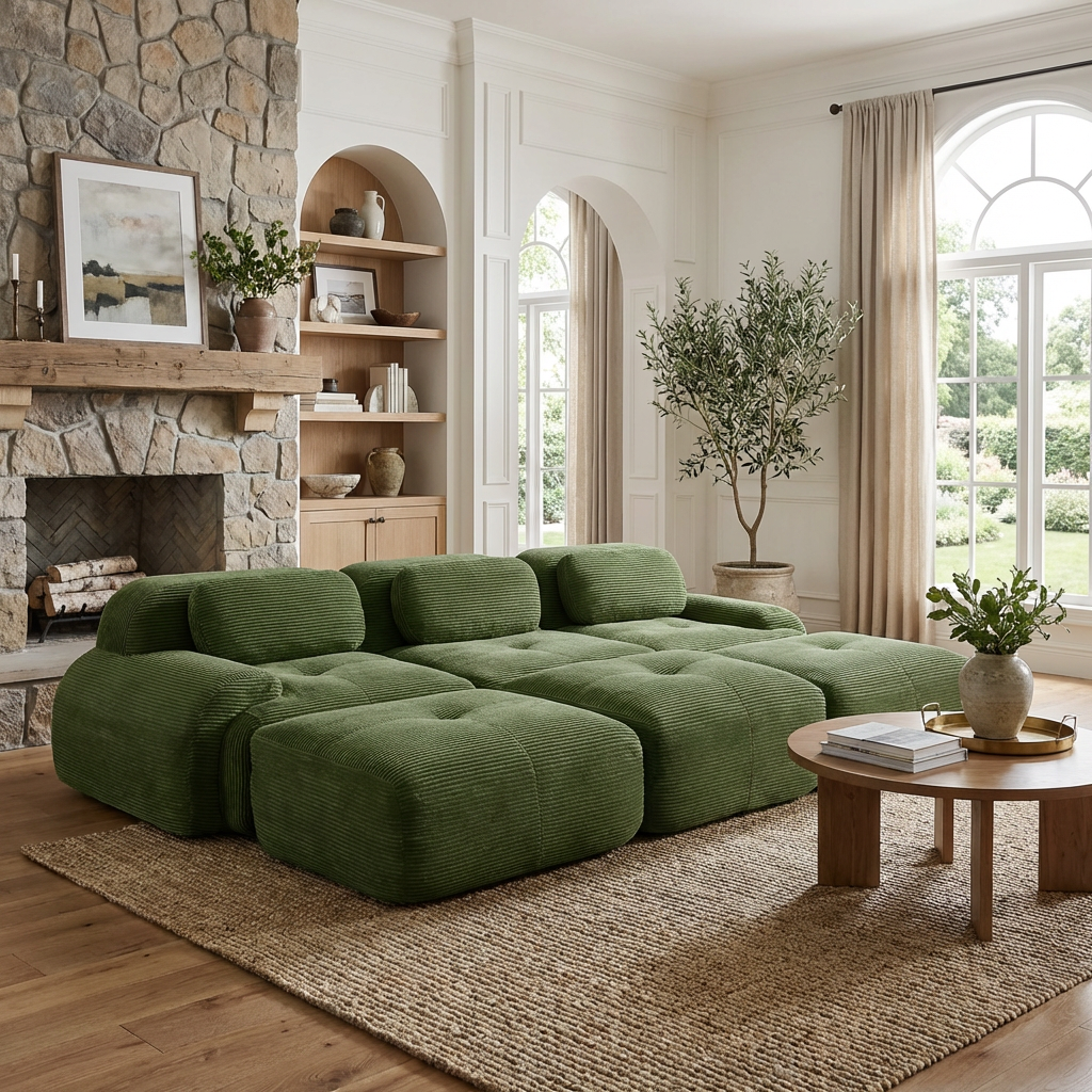 Anchorage 116" Corduroy Cloud Modular Sofa with Ottomans and Curved Armset