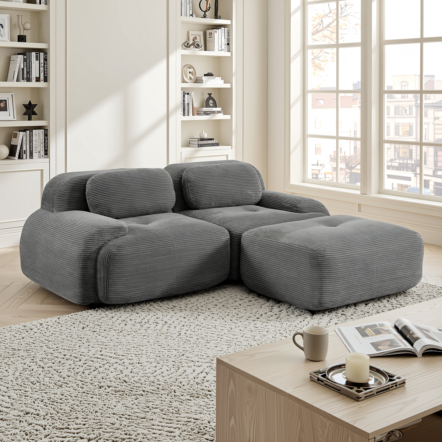 Anchorage 80" L-Shaped Modular Corduroy Cloud Sofa with Ottoman